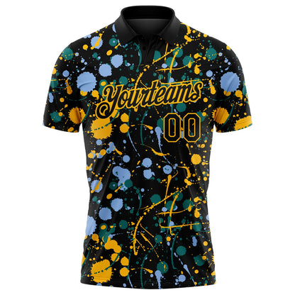 Custom Graffiti Pattern Black Light Blue Gold-Teal Vibrant Multi-Color Abstract Splatter Performance Polo Shirt