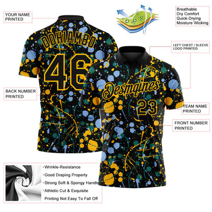 Custom Graffiti Pattern Black Light Blue Gold-Teal Vibrant Multi-Color Abstract Splatter Performance Polo Shirt