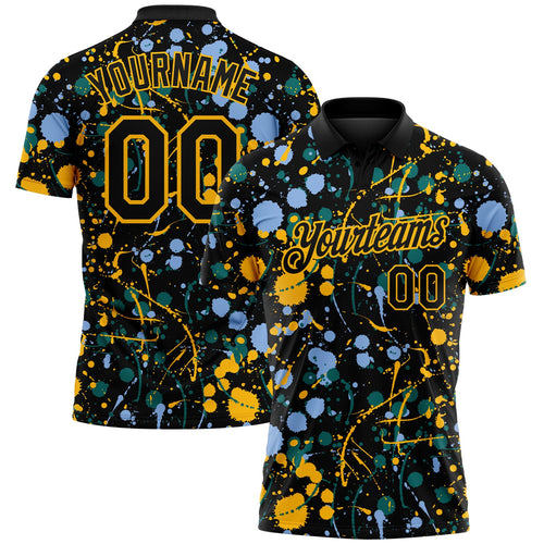 Custom Graffiti Pattern Black Light Blue Gold-Teal Vibrant Multi-Color Abstract Splatter Performance Polo Shirt