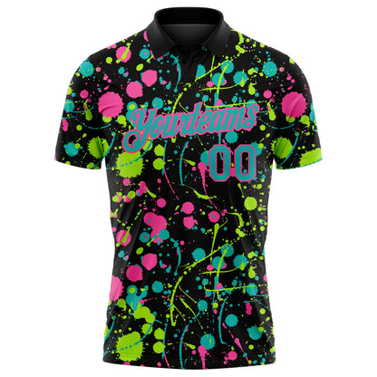 Custom Graffiti Pattern Aqua Black Pink-Neon Green Vibrant Multi-Color Abstract Splatter Performance Polo Shirt