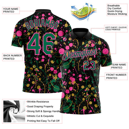 Custom Graffiti Pattern Kelly Green Black Pink-Old Gold Vibrant Multi-Color Abstract Splatter Performance Polo Shirt