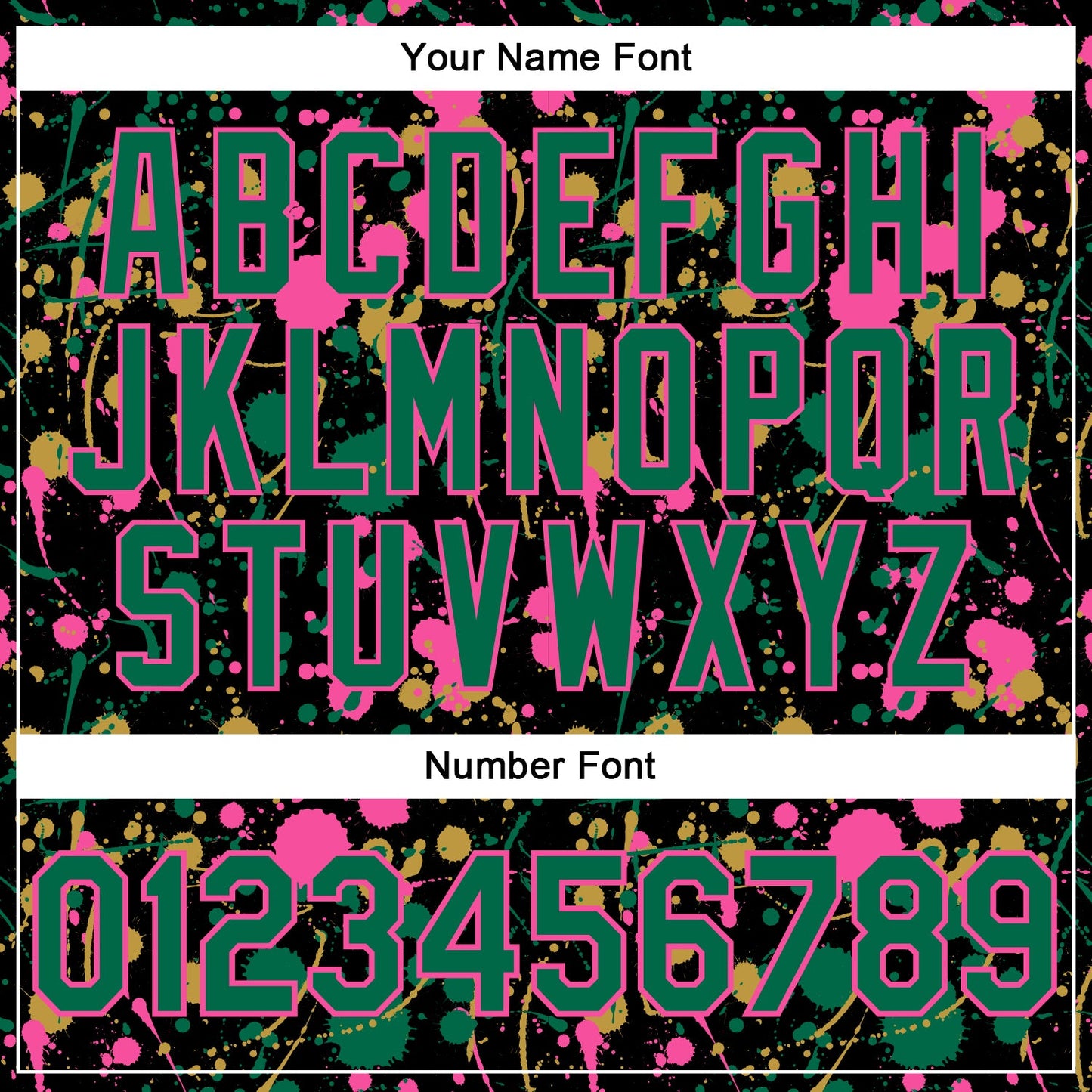 Custom Graffiti Pattern Kelly Green Black Pink-Old Gold Vibrant Multi-Color Abstract Splatter Performance Polo Shirt