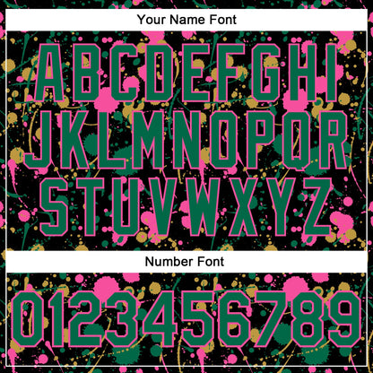 Custom Graffiti Pattern Kelly Green Black Pink-Old Gold Vibrant Multi-Color Abstract Splatter Performance Polo Shirt