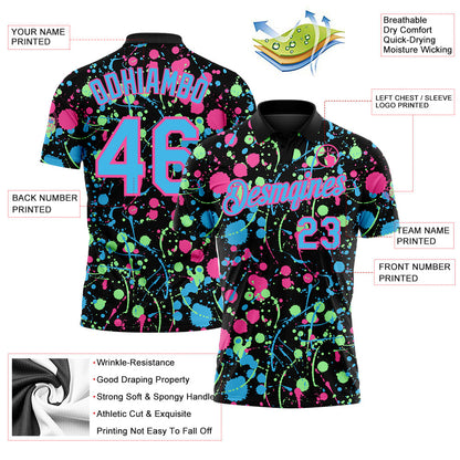 Custom Graffiti Pattern Sky Blue Black Pink-Pea Green Vibrant Multi-Color Abstract Splatter Performance Polo Shirt