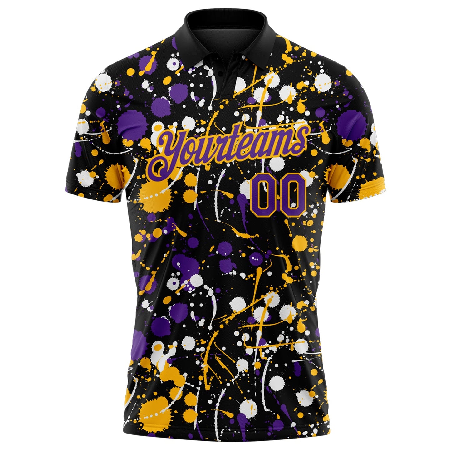 Custom Graffiti Pattern Purple Black Gold-White Vibrant Multi-Color Abstract Splatter Performance Polo Shirt