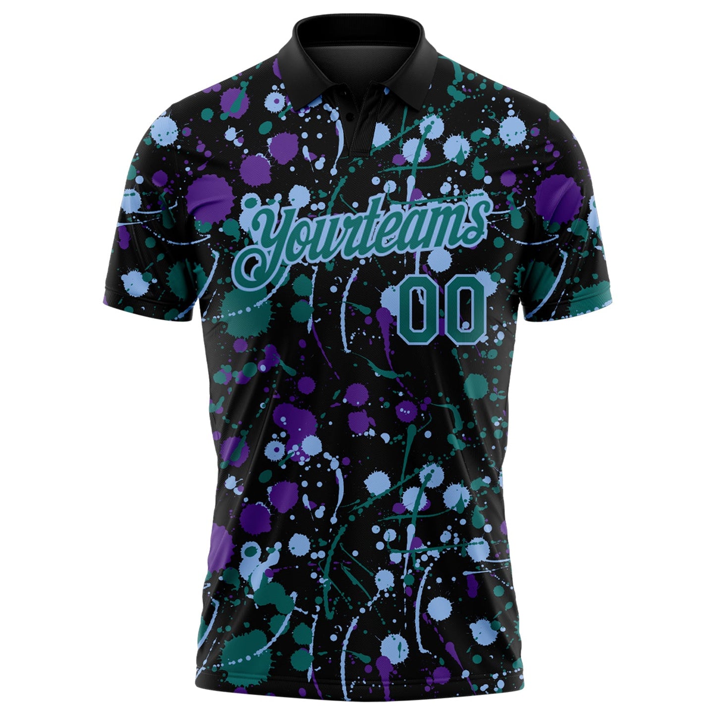 Custom Graffiti Pattern Teal Black Purple-Light Blue Vibrant Multi-Color Abstract Splatter Performance Polo Shirt