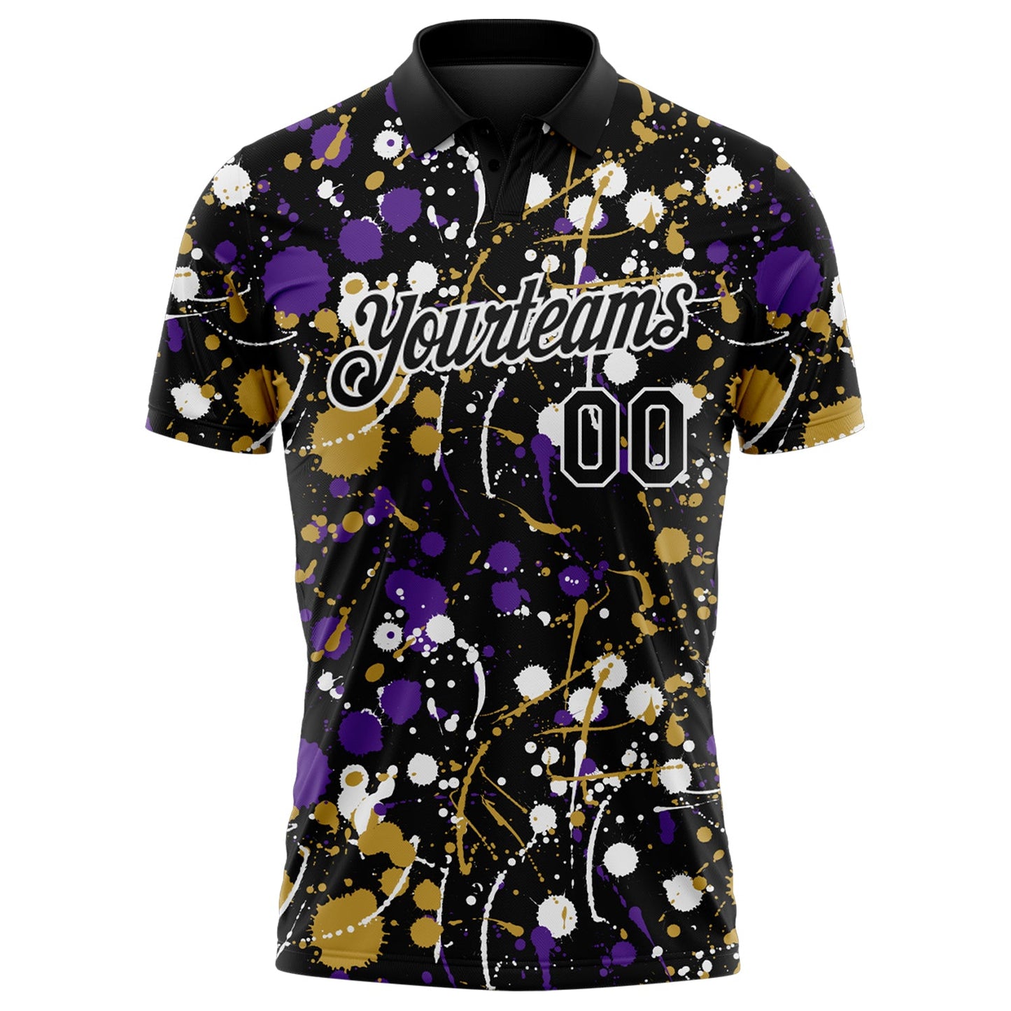 Custom Graffiti Pattern Black Purple Old Gold-White Vibrant Multi-Color Abstract Splatter Performance Polo Shirt