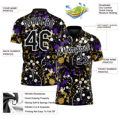 Custom Graffiti Pattern Black Purple Old Gold-White Vibrant Multi-Color Abstract Splatter Performance Polo Shirt