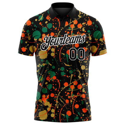 Custom Graffiti Pattern Black Kelly Green Old Gold Orange-White Vibrant Multi-Color Abstract Splatter Performance Polo Shirt