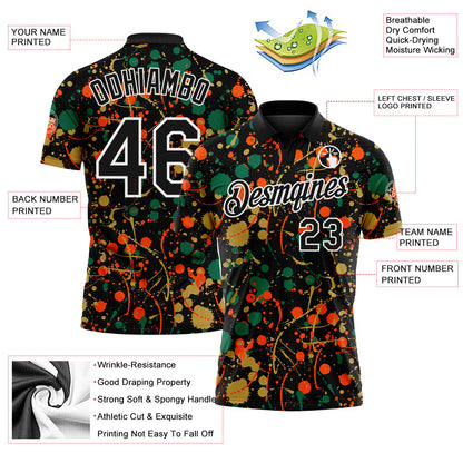 Custom Graffiti Pattern Black Kelly Green Old Gold Orange-White Vibrant Multi-Color Abstract Splatter Performance Polo Shirt