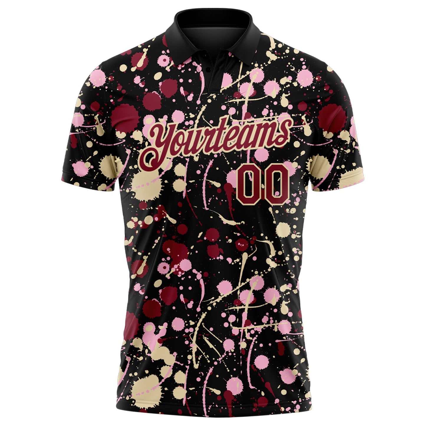 Custom Graffiti Pattern Crimson Black Cream-Light Pink Vibrant Multi-Color Abstract Splatter Performance Polo Shirt