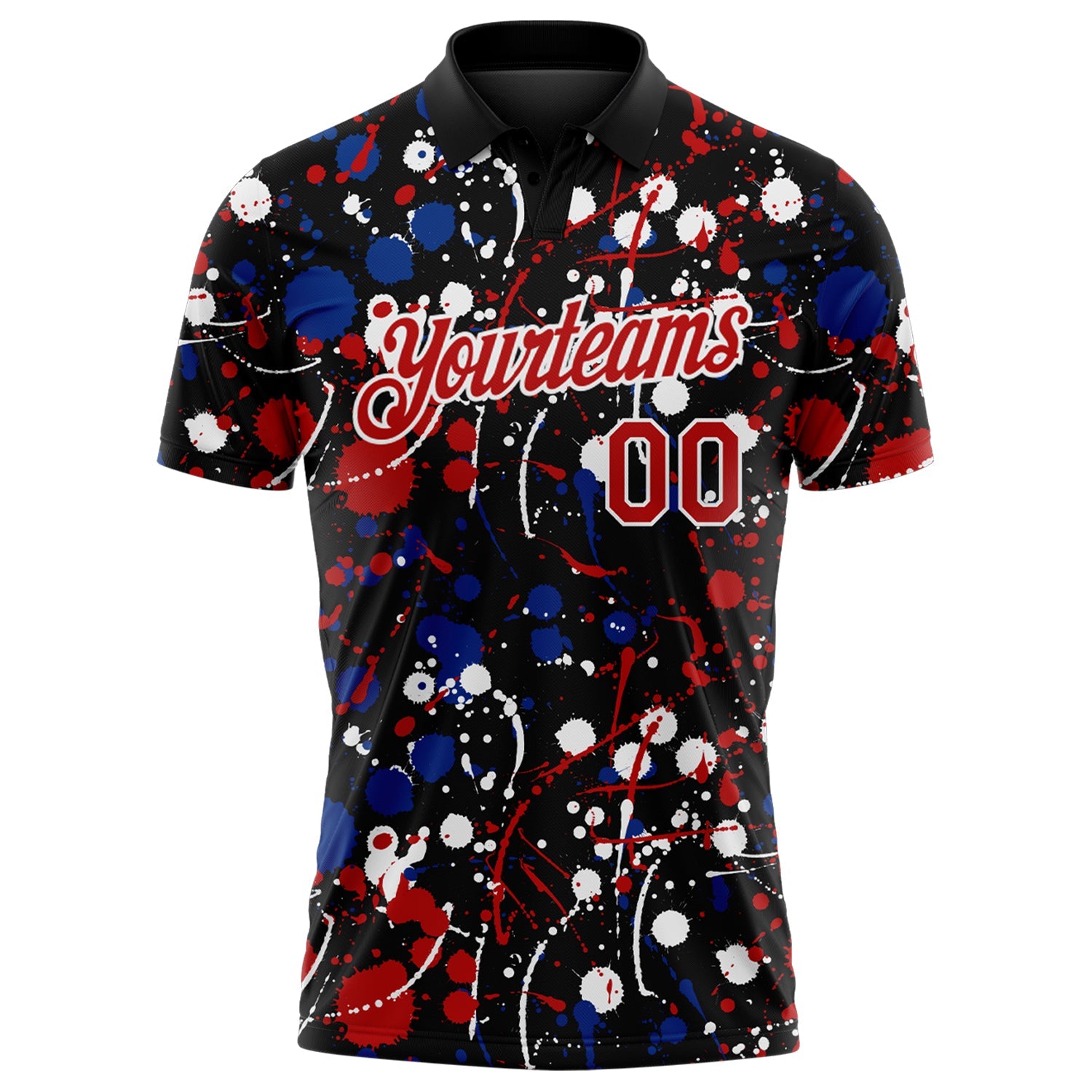 Custom Graffiti Pattern Red Black Royal-White Vibrant Multi-Color Abstract Splatter Performance Polo Shirt
