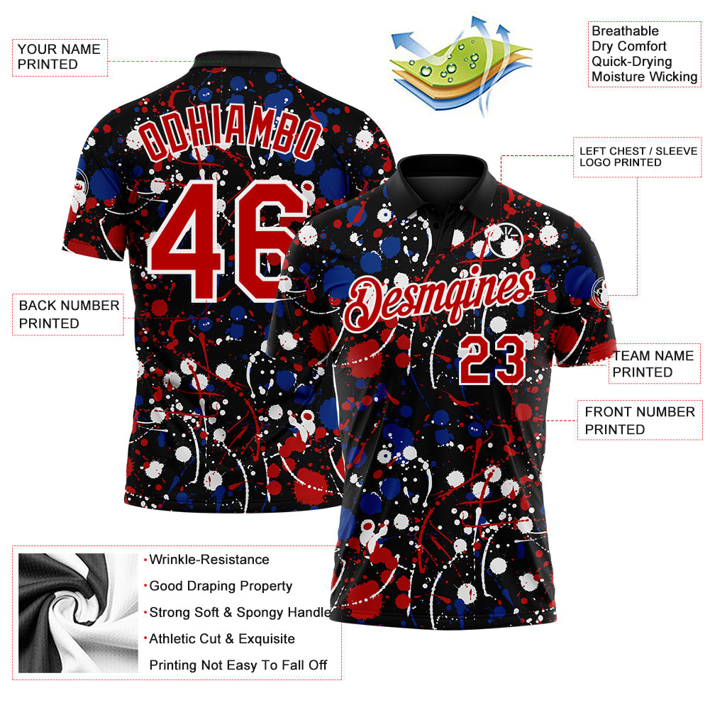 Custom Graffiti Pattern Red Black Royal-White Vibrant Multi-Color Abstract Splatter Performance Polo Shirt