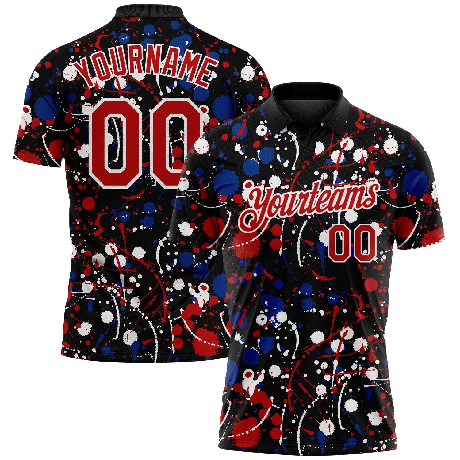 Custom Graffiti Pattern Red Black Royal-White Vibrant Multi-Color Abstract Splatter Performance Polo Shirt