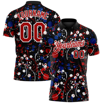 Custom Graffiti Pattern Red Black Royal-White Vibrant Multi-Color Abstract Splatter Performance Polo Shirt