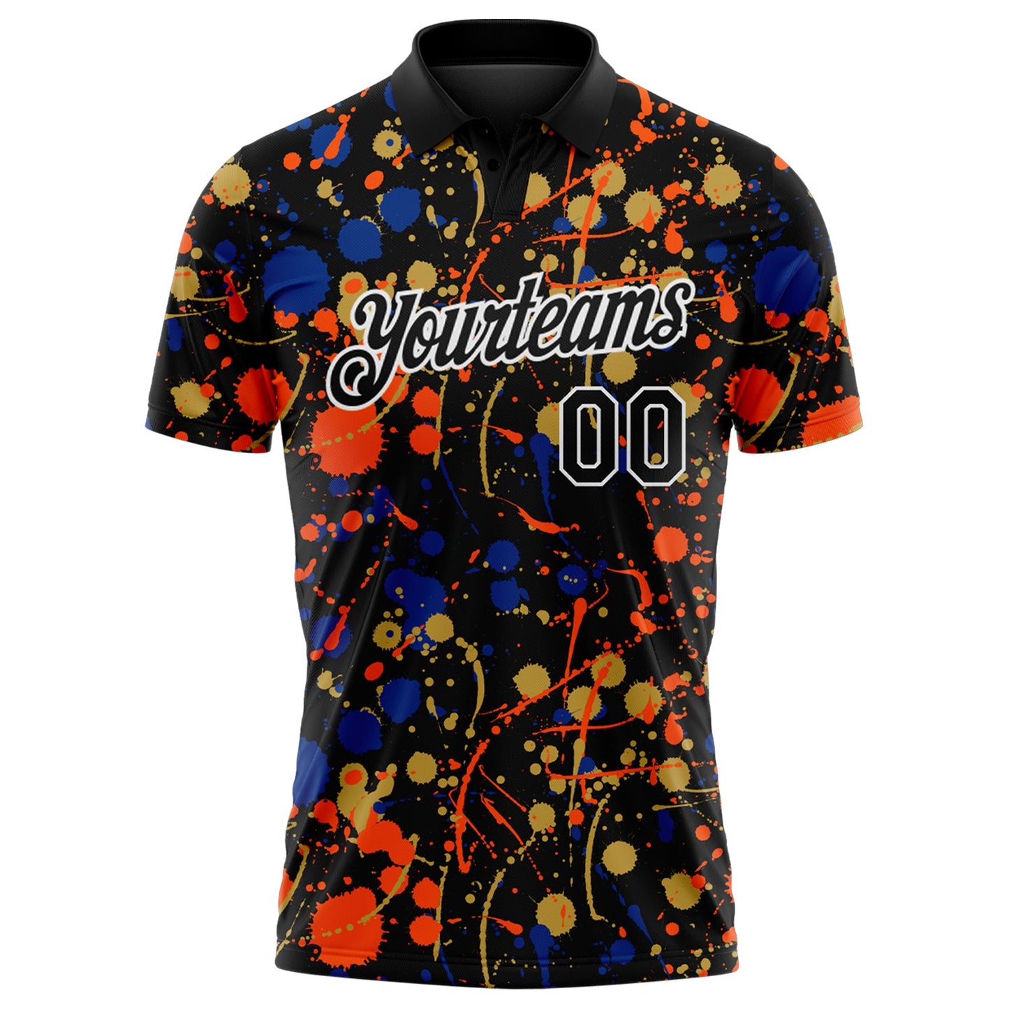 Custom Graffiti Pattern Black Royal Orange Old Gold-White Vibrant Multi-Color Abstract Splatter Performance Polo Shirt