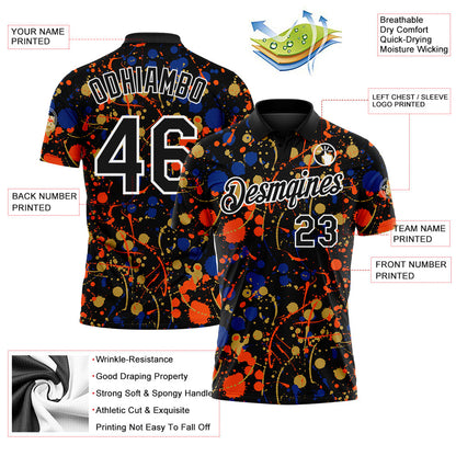 Custom Graffiti Pattern Black Royal Orange Old Gold-White Vibrant Multi-Color Abstract Splatter Performance Polo Shirt