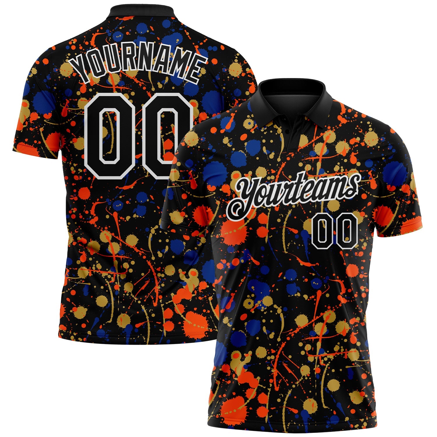 Custom Graffiti Pattern Black Royal Orange Old Gold-White Vibrant Multi-Color Abstract Splatter Performance Polo Shirt