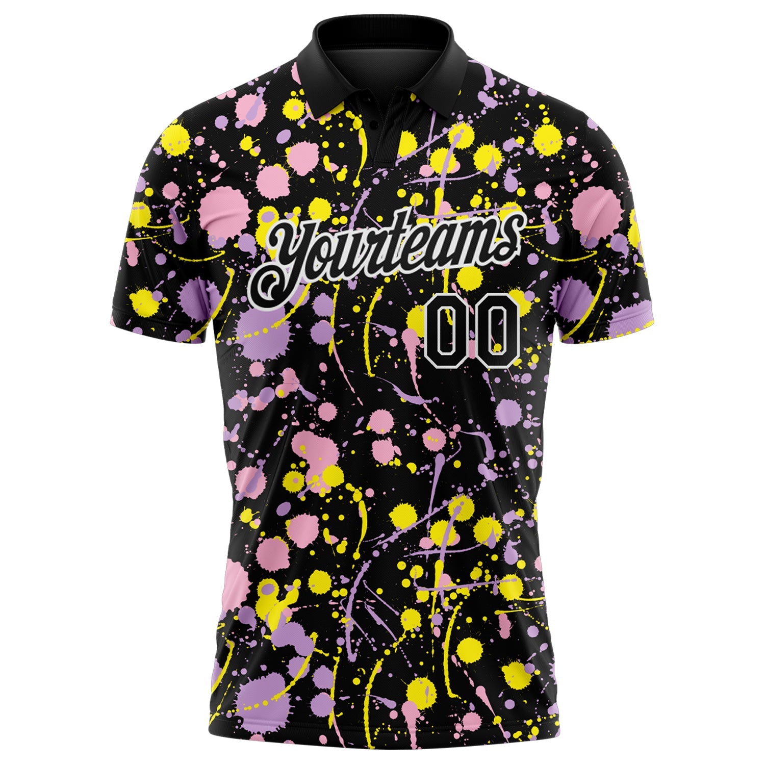 Custom Graffiti Pattern Black Light Pink Light Purple Light Yellow-White Vibrant Multi-Color Abstract Splatter Performance Polo Shirt