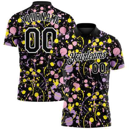 Custom Graffiti Pattern Black Light Pink Light Purple Light Yellow-White Vibrant Multi-Color Abstract Splatter Performance Polo Shirt