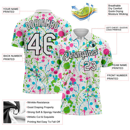 Custom Graffiti Pattern White Pink Aurora Green Lakes Blue-Black Vibrant Multi-Color Abstract Splatter Performance Polo Shirt