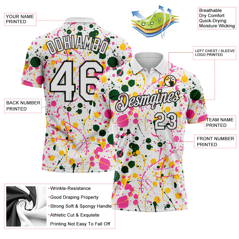 Custom Graffiti Pattern White Green Pink Yellow-Black Vibrant Multi-Color Abstract Splatter Performance Polo Shirt