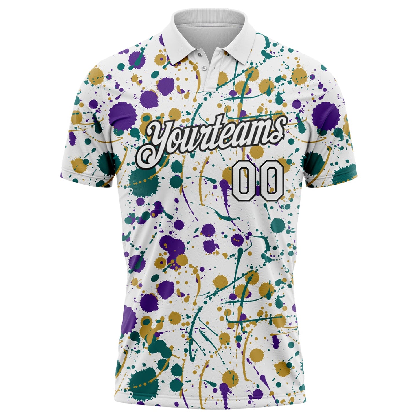 Custom Graffiti Pattern White Purple Teal Old Gold-Black Vibrant Multi-Color Abstract Splatter Performance Polo Shirt