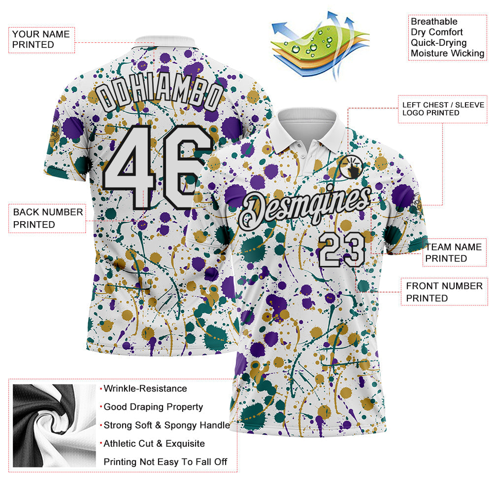 Custom Graffiti Pattern White Purple Teal Old Gold-Black Vibrant Multi-Color Abstract Splatter Performance Polo Shirt