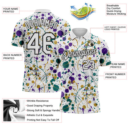 Custom Graffiti Pattern White Purple Teal Old Gold-Black Vibrant Multi-Color Abstract Splatter Performance Polo Shirt