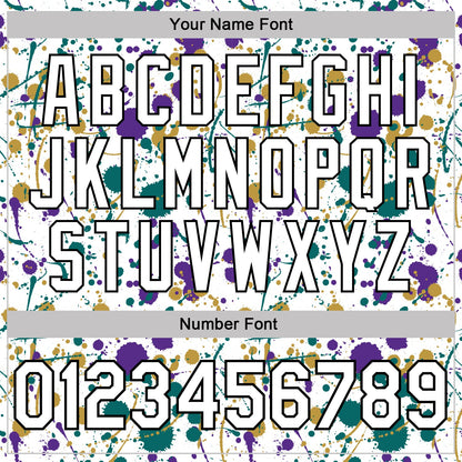 Custom Graffiti Pattern White Purple Teal Old Gold-Black Vibrant Multi-Color Abstract Splatter Performance Polo Shirt