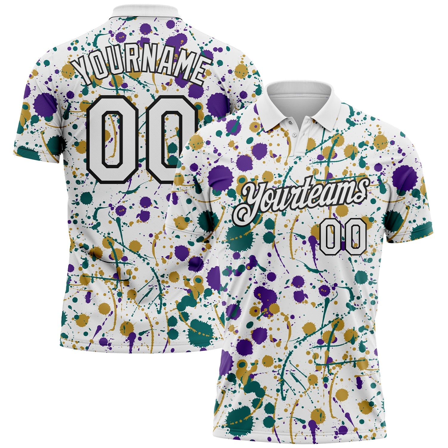 Custom Graffiti Pattern White Purple Teal Old Gold-Black Vibrant Multi-Color Abstract Splatter Performance Polo Shirt