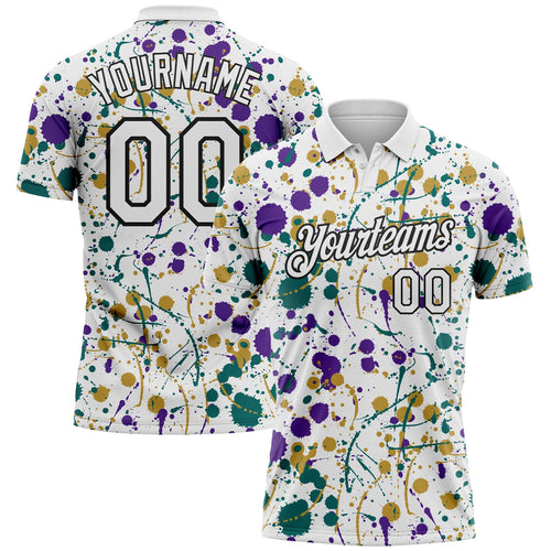 Custom Graffiti Pattern White Purple Teal Old Gold-Black Vibrant Multi-Color Abstract Splatter Performance Polo Shirt