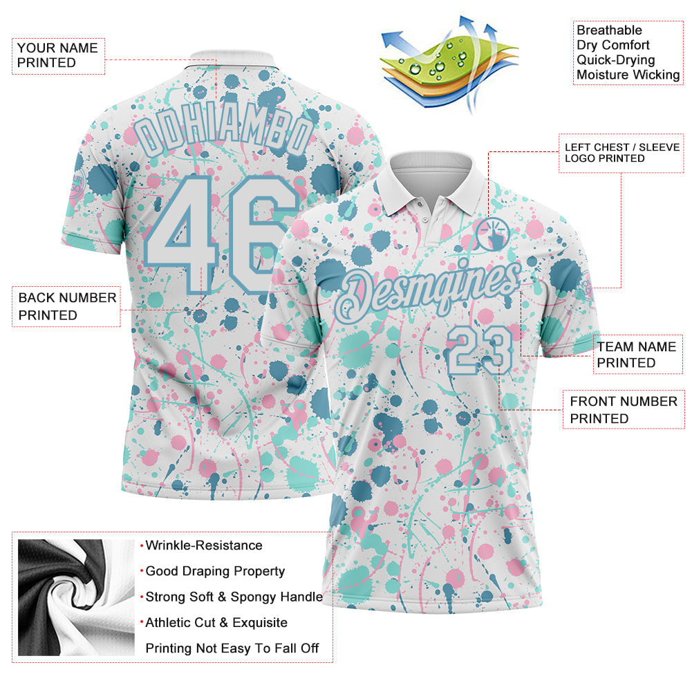 Custom Graffiti Pattern White Shadow Blue Ice Blue-Light Pink Vibrant Multi-Color Abstract Splatter Performance Polo Shirt