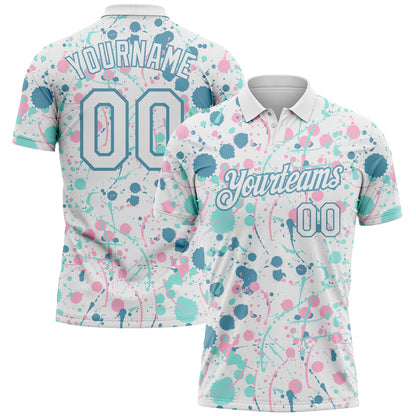 Custom Graffiti Pattern White Shadow Blue Ice Blue-Light Pink Vibrant Multi-Color Abstract Splatter Performance Polo Shirt