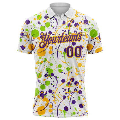 Custom Graffiti Pattern Purple White Neon Green-Gold Vibrant Multi-Color Abstract Splatter Performance Polo Shirt