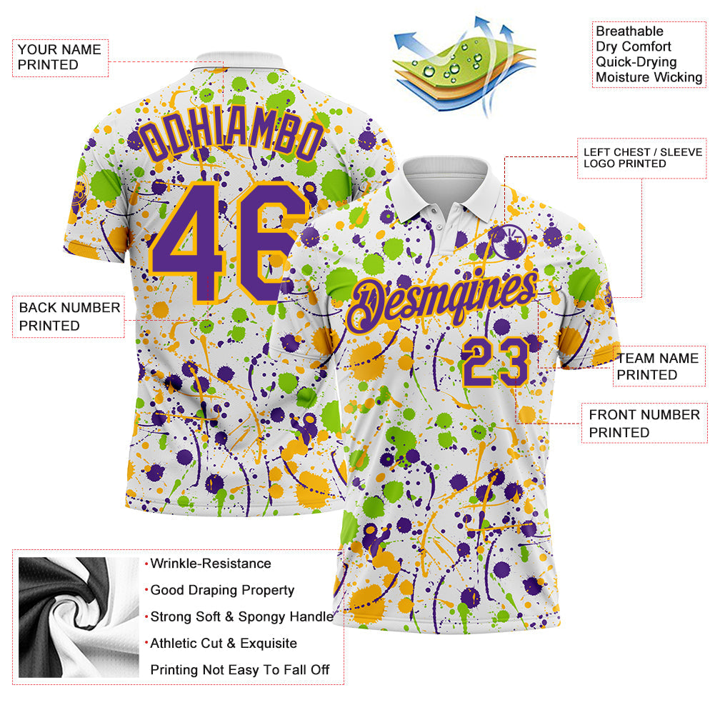 Custom Graffiti Pattern Purple White Neon Green-Gold Vibrant Multi-Color Abstract Splatter Performance Polo Shirt