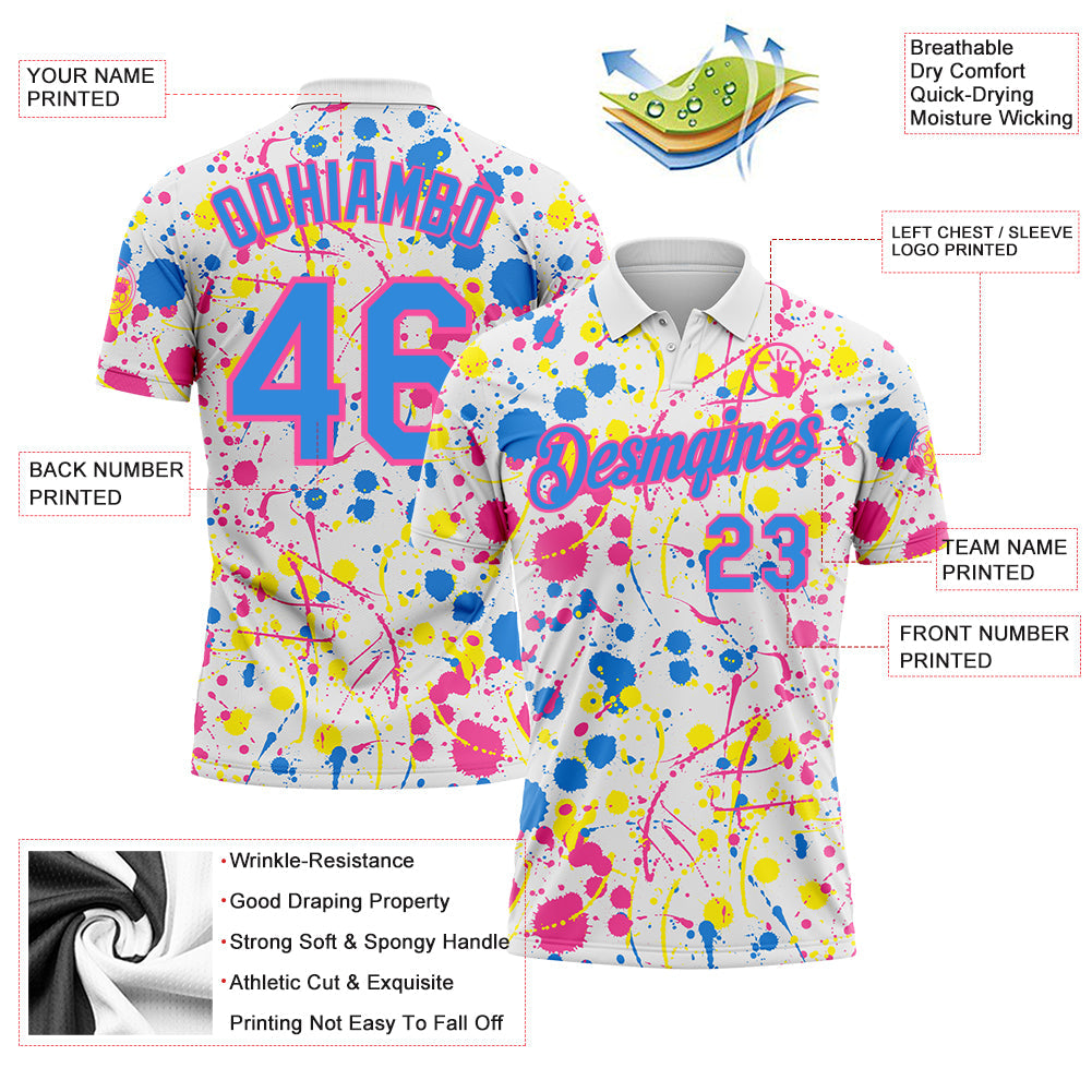 Custom Graffiti Pattern Powder Blue White Pink-Light Yellow Vibrant Multi-Color Abstract Splatter Performance Polo Shirt