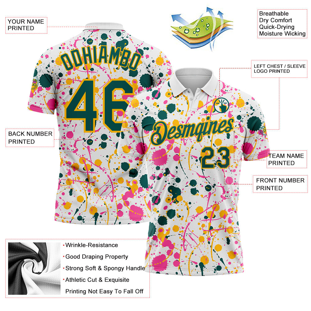 Custom Graffiti Pattern Midnight Green White Pink-Gold Vibrant Multi-Color Abstract Splatter Performance Polo Shirt
