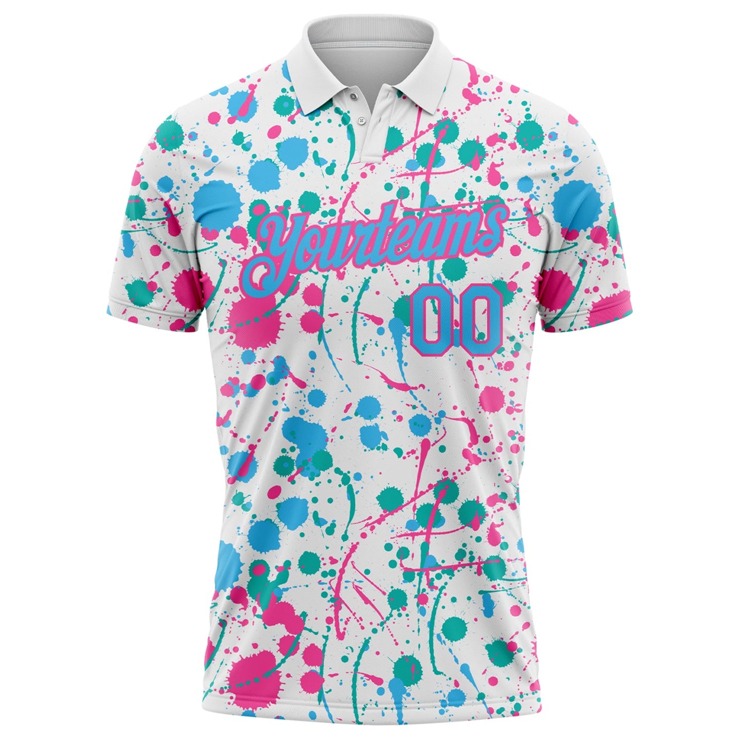 Custom Graffiti Pattern Sky Blue White Pink-Aqua Vibrant Multi-Color Abstract Splatter Performance Polo Shirt