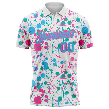 Custom Graffiti Pattern Sky Blue White Pink-Aqua Vibrant Multi-Color Abstract Splatter Performance Polo Shirt