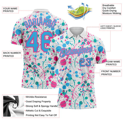 Custom Graffiti Pattern Sky Blue White Pink-Aqua Vibrant Multi-Color Abstract Splatter Performance Polo Shirt