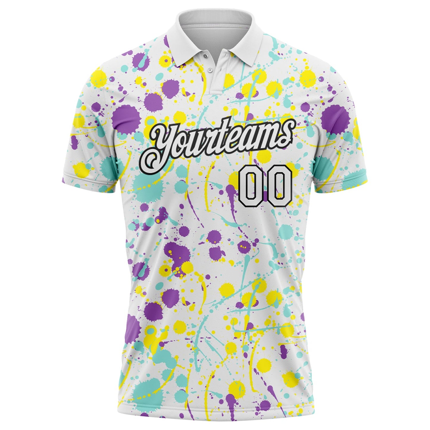 Custom Graffiti Pattern White Medium Purple Ice Blue Light Yellow-Black Vibrant Multi-Color Abstract Splatter Performance Polo Shirt