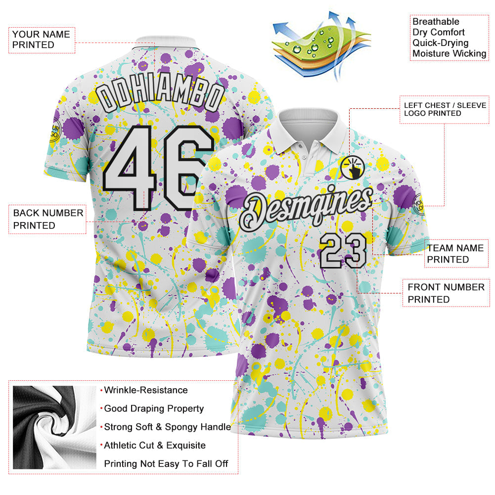 Custom Graffiti Pattern White Medium Purple Ice Blue Light Yellow-Black Vibrant Multi-Color Abstract Splatter Performance Polo Shirt