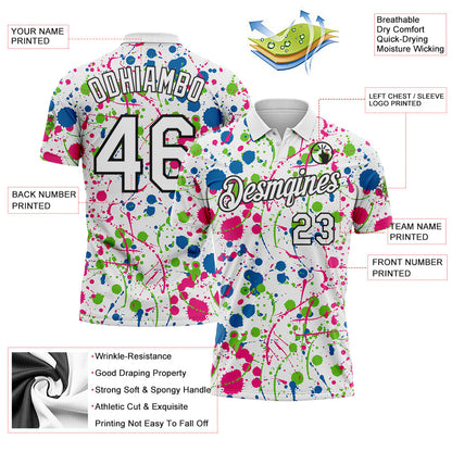 Custom Graffiti Pattern White Blue Hot Pink Aurora Green-Black Vibrant Multi-Color Abstract Splatter Performance Polo Shirt