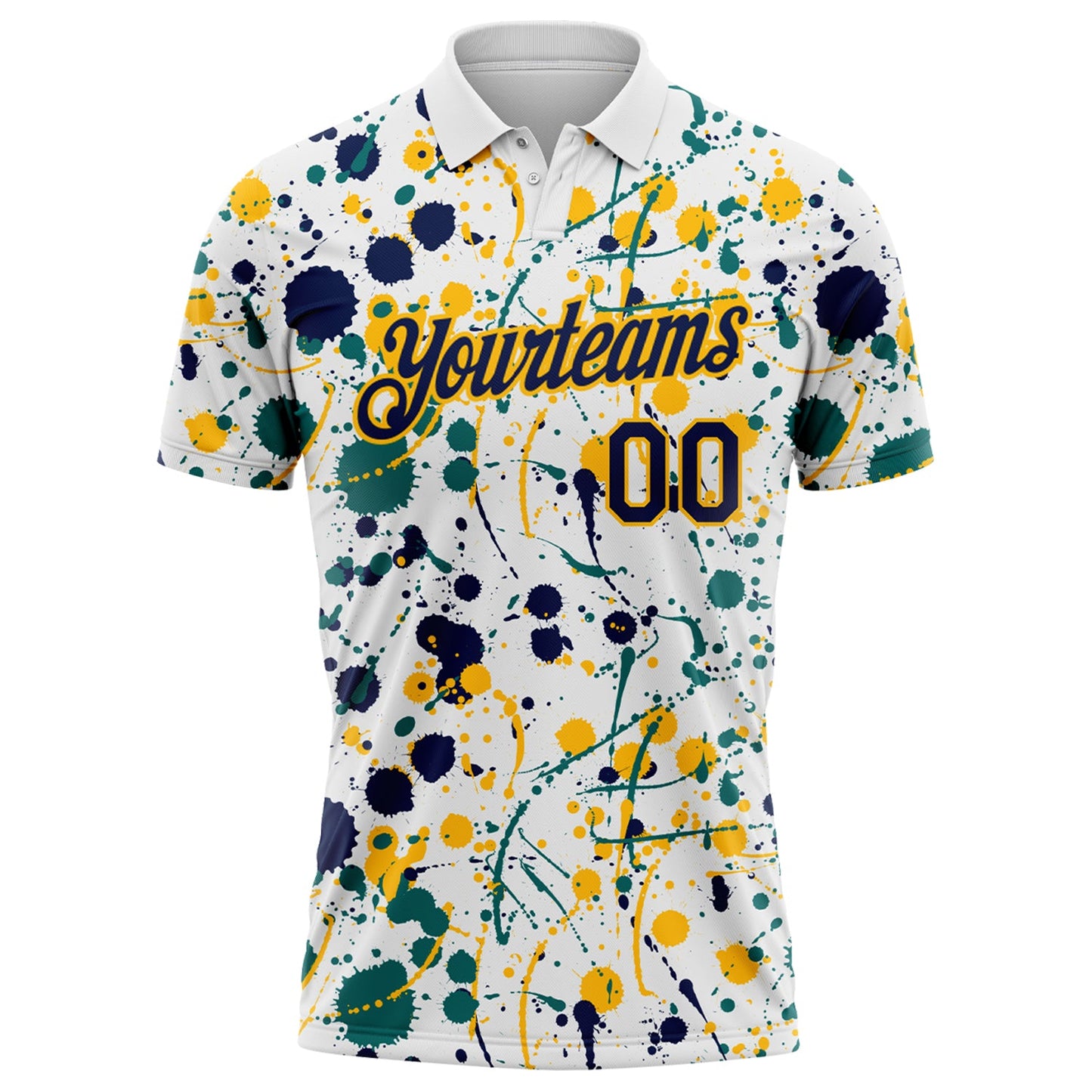 Custom Graffiti Pattern Navy White Teal-Gold Vibrant Multi-Color Abstract Splatter Performance Polo Shirt