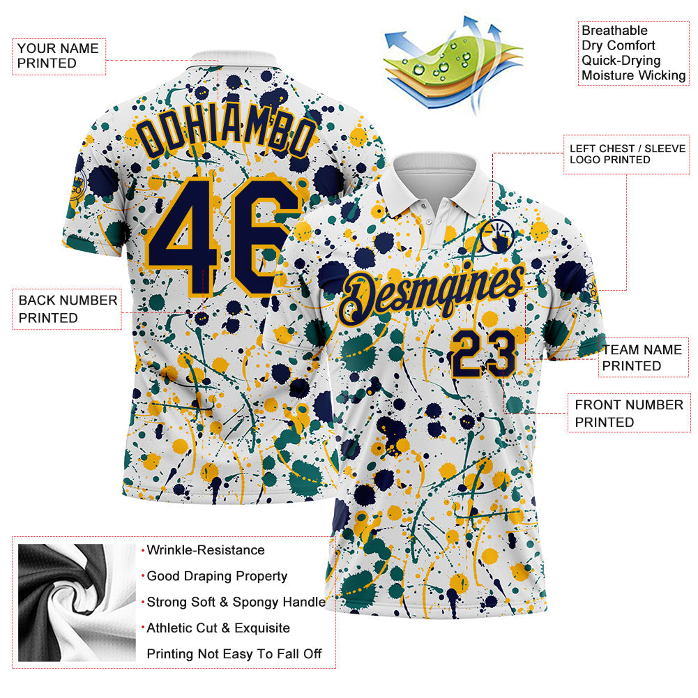 Custom Graffiti Pattern Navy White Teal-Gold Vibrant Multi-Color Abstract Splatter Performance Polo Shirt