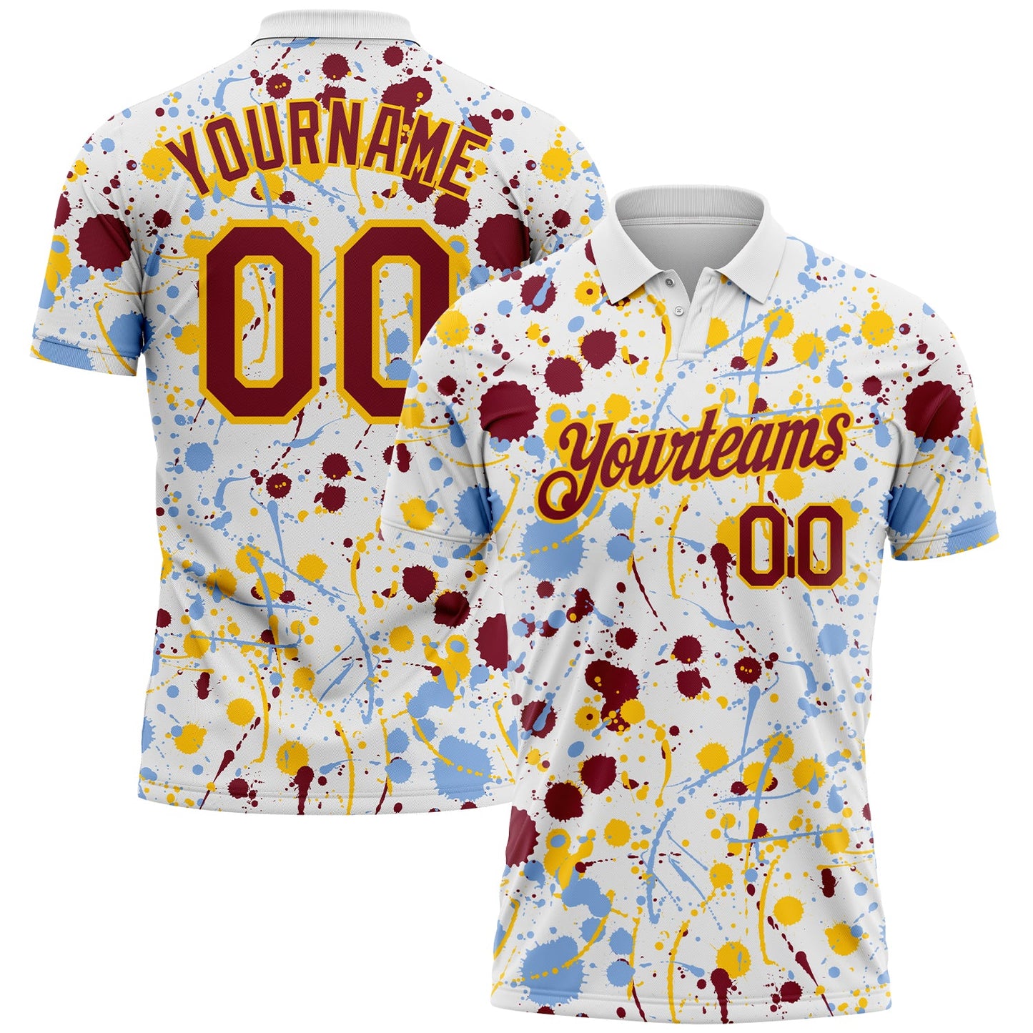 Custom Graffiti Pattern Crimson White Light Blue-Yellow Vibrant Multi-Color Abstract Splatter Performance Polo Shirt