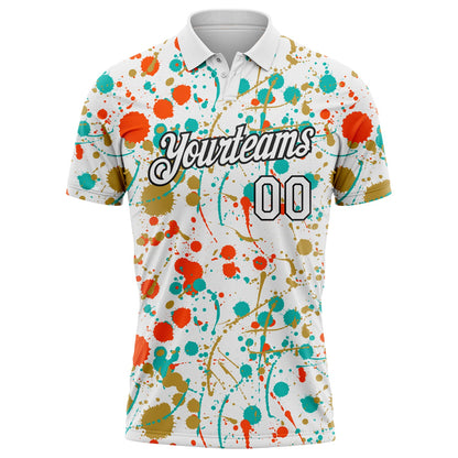 Custom Graffiti Pattern White Orange Old Gold Aqua-Black Vibrant Multi-Color Abstract Splatter Performance Polo Shirt