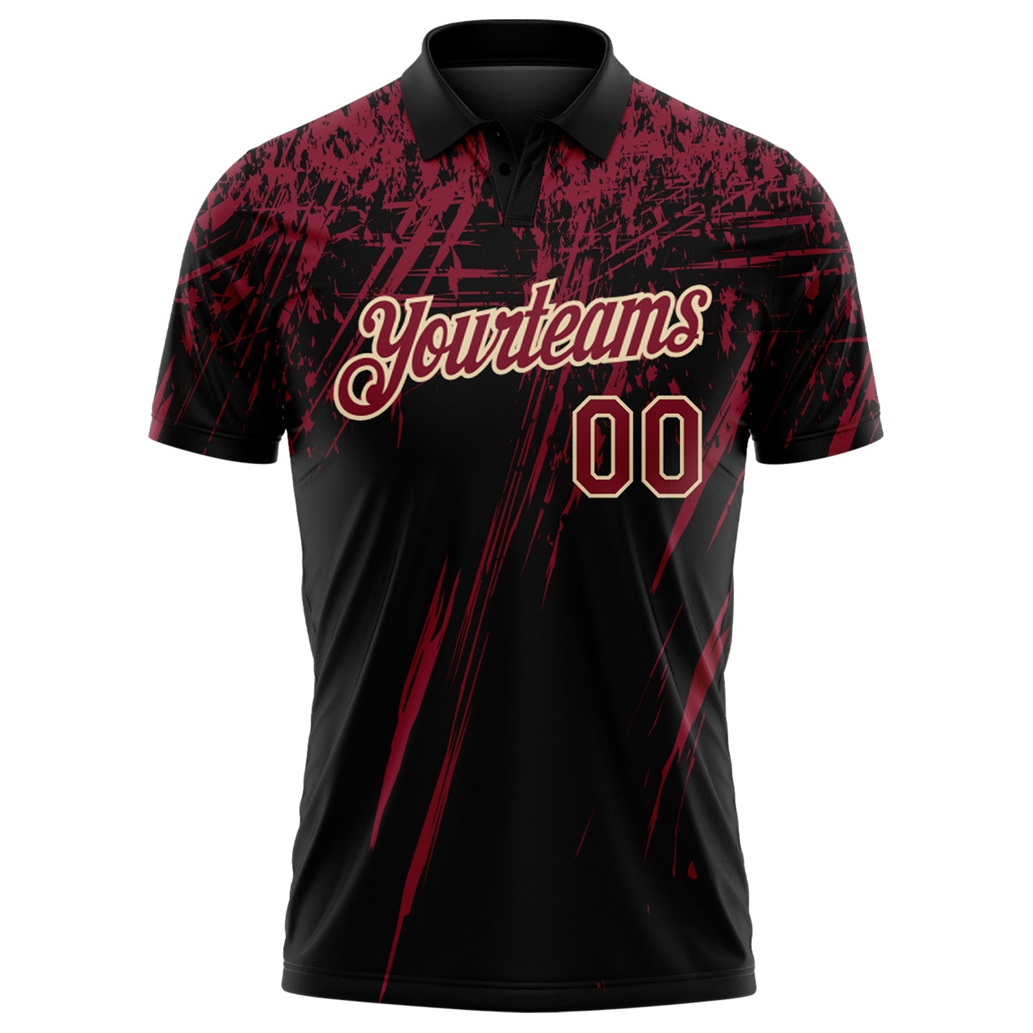 Custom Black Crimson-Cream Distressed Scratch Brush Stroke Performance Polo Shirt