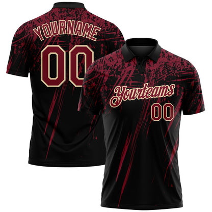 Custom Black Crimson-Cream Distressed Scratch Brush Stroke Performance Polo Shirt